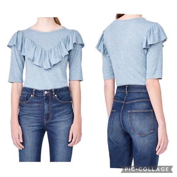 REBECCA TAYLOR Women’s RUFFLE FRONT MELANGE JERSEY Wool Blend Top In Glacier L - Picture 1 of 8